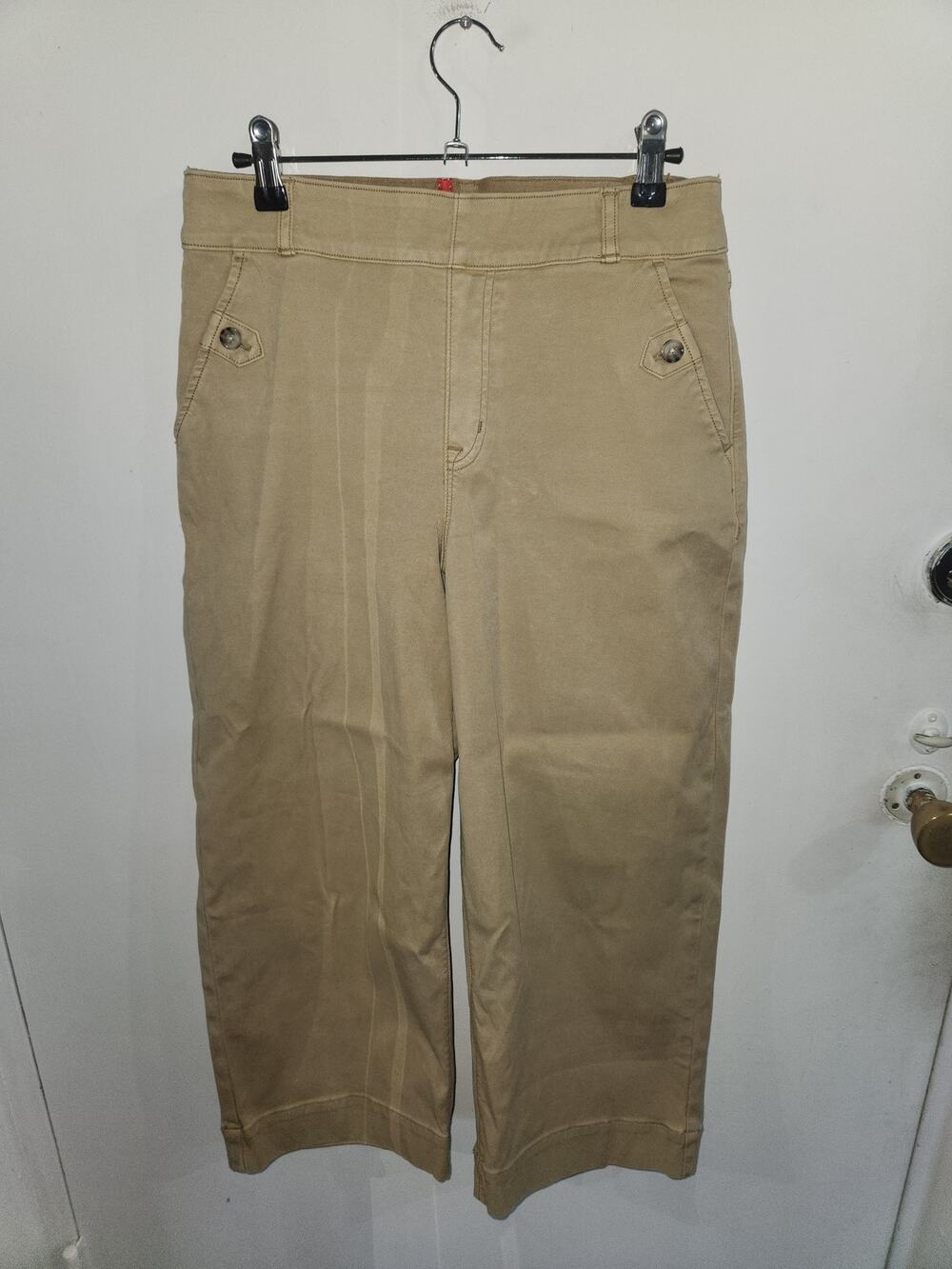 Spanx stretch twill cropped wide leg pant L beige